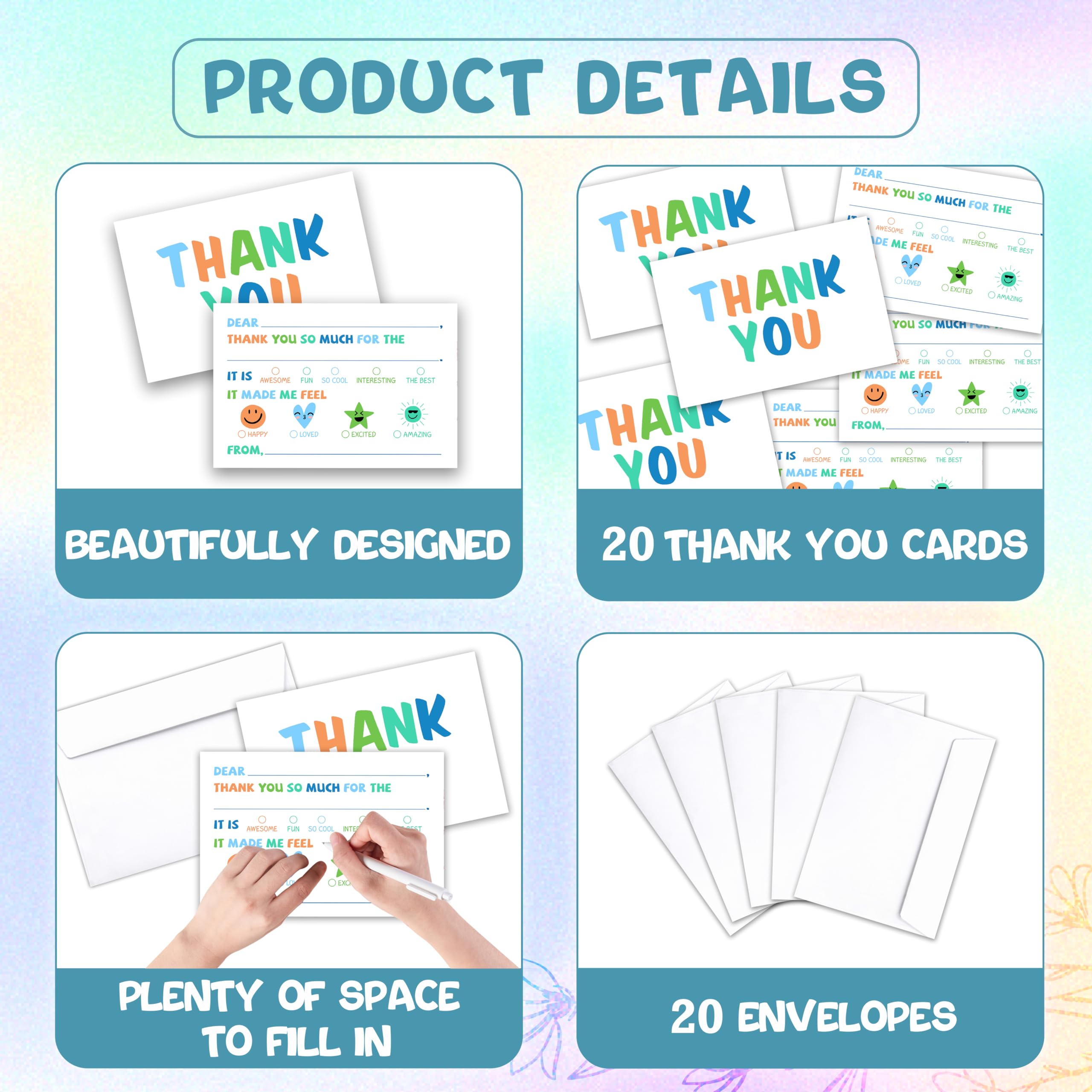 FQPJA Colorful Thank You Card For Kids, Fill In The Blank Birthday Greeting Cards, Colorful Postcards, 20 Pack Thank You Notes With Envelopes, Baby Shower Party Supplies Decorations -B01
