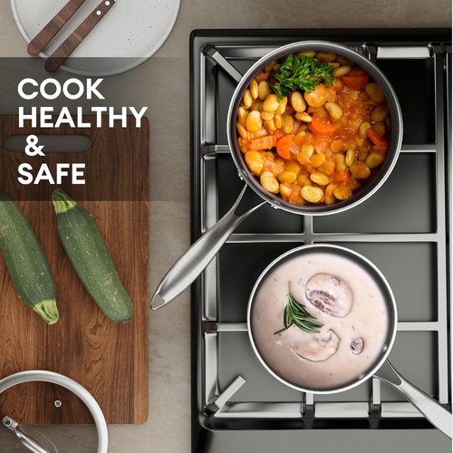 COOKER KING 1.5 Quart Stainless Steel Saucepan - Nonstick Ceramic Pot with Tempered Glass Lid | Induction Compatible, Dishwasher & Oven Safe