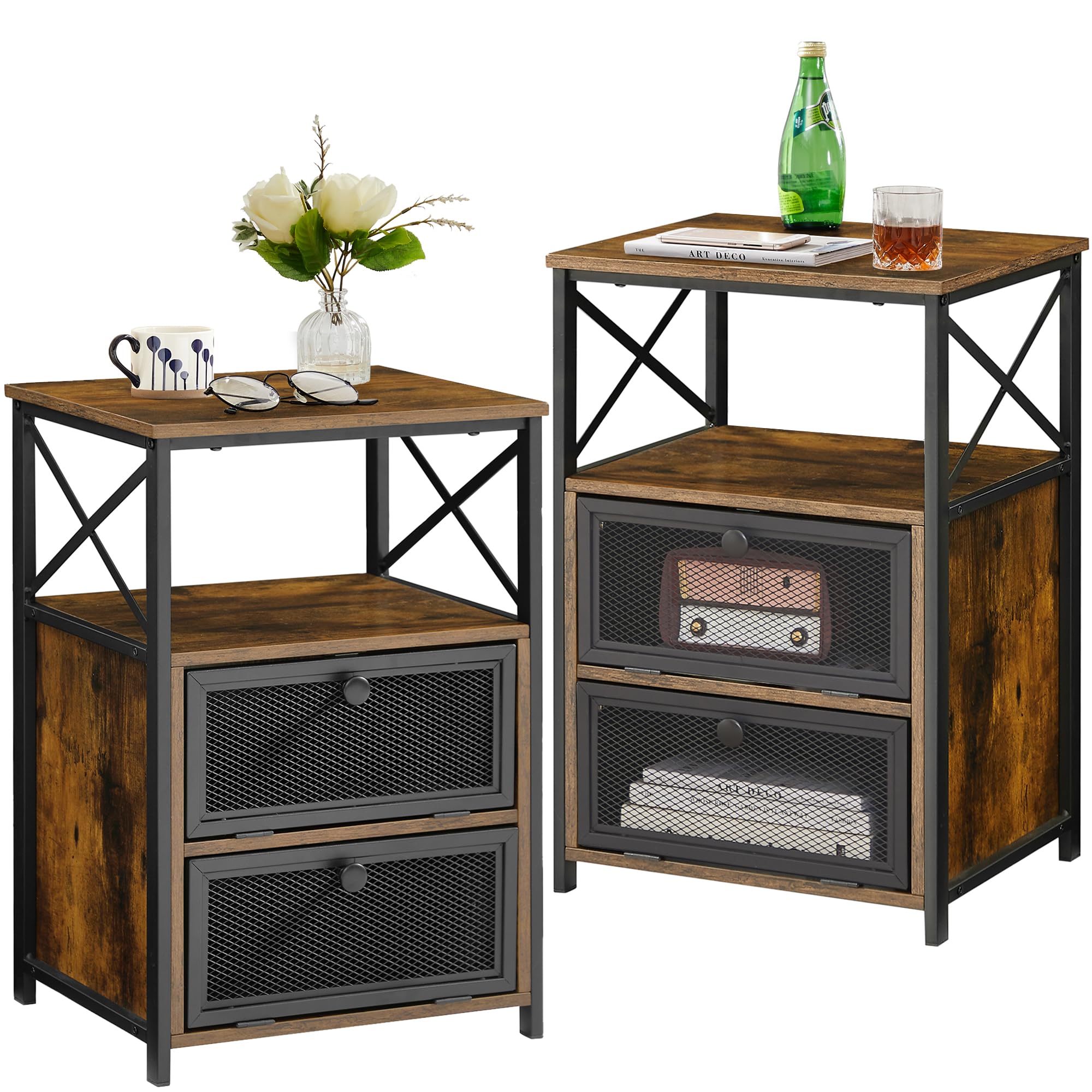 VECELO End Tables Set of 2 with Storage Space,Flip Door Night Stand for Living Room,Bedroom,Small Space,Rustic Brown