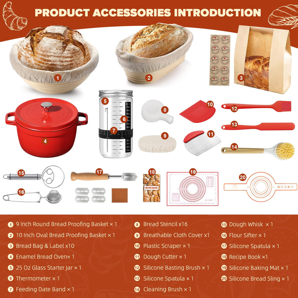 VIMERPA Sourdough Starter Kit with Pot, Sourdough Bread Baking Supplies, Bread Making Kit for Beginners, Banneton Bread Proofing Baskets for Home and Kitchen, Making Tools Kit