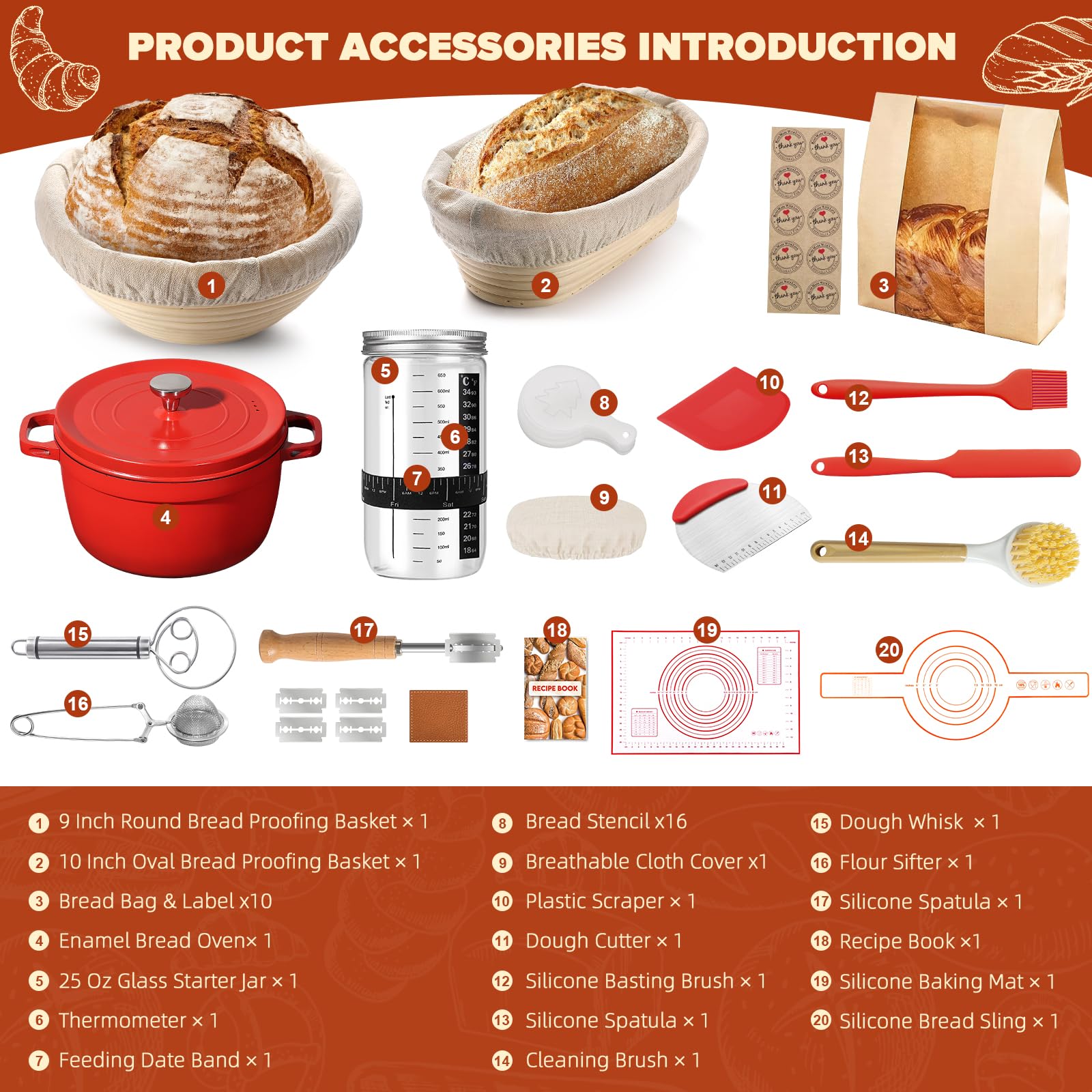 VIMERPA Sourdough Starter Kit with Pot, Sourdough Bread Baking Supplies, Bread Making Kit for Beginners, Banneton Bread Proofing Baskets for Home and Kitchen, Making Tools Kit
