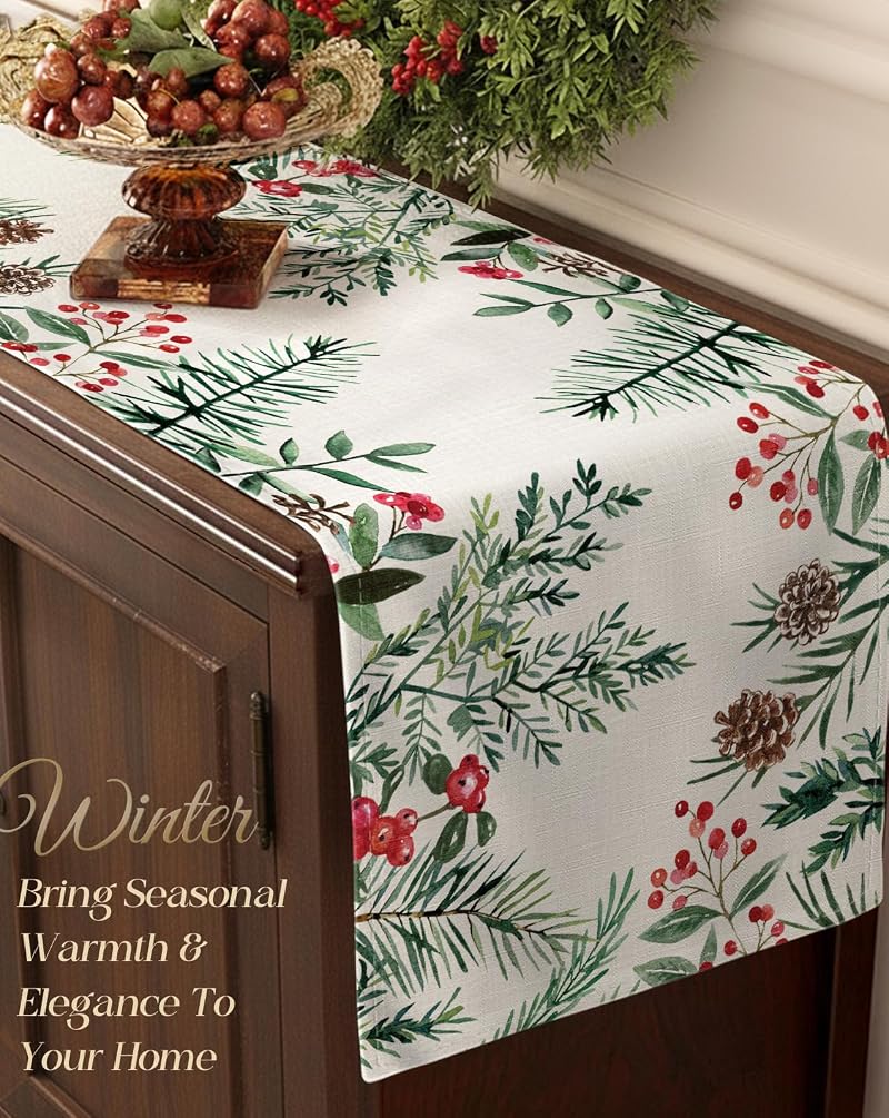 Miss Adola Holly Pine 13x72 In. Christmas Table Runner - Watercolor Berries