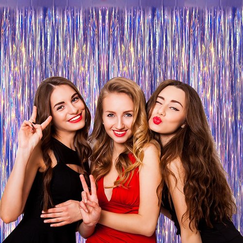 Iridescent Fringe Backdrop by [Brand Name] - 3.28x6.56 Ft Purple Foil Curtain for Mermaid Party Decor | Ocean & Beach Theme