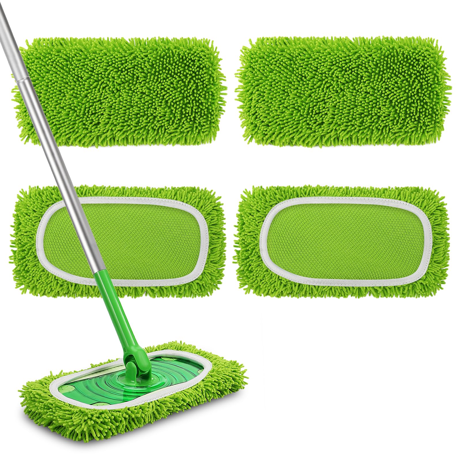 Set of 4 Reusable Microfiber Mop Pads Compatible with Swiffer Sweeper, Dry Sweeping Cloths, Washable Wet Mopping Cloth Refills for Floor Cleaning (Mop is Not Included) (4 Pack, Green)