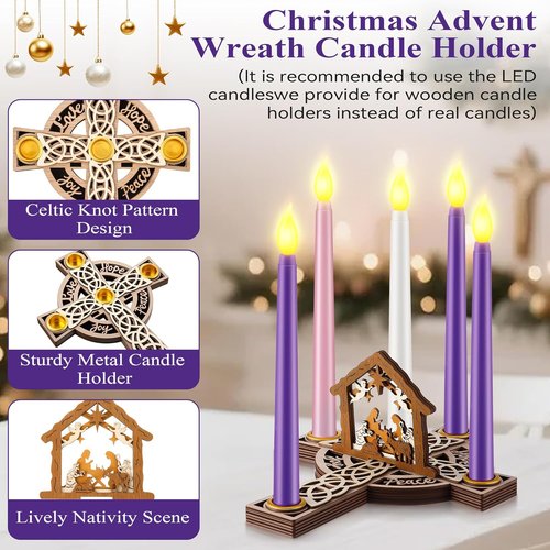 Christmas Advent Wreath Candle Holder - 5 Flameless Candles & Wood Cross Nativity Scene | Festive Table Decor