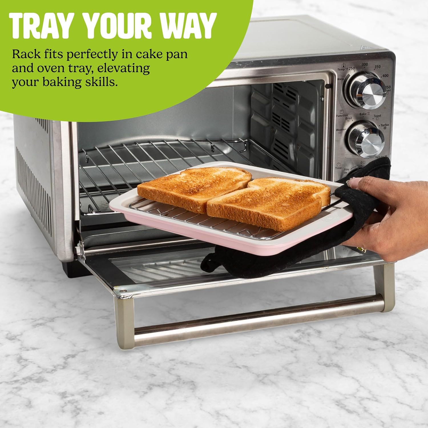 Tasty Nonstick Toaster Oven Baking Set - 3-Piece Carbon Steel Bakeware in Pink | Cake Pan, Oven Tray, Rack