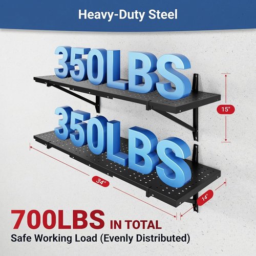 FLEXIMOUNTS 2-Pack Garage Shelving - Heavy-Duty Wall-Mounted Storage Rack | 14"x34" Perforated Design, 700 lbs Capacity