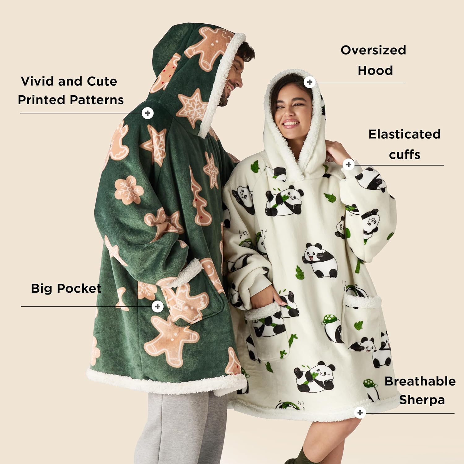 Bedsure Wearable Blanket Hoodie - Cozy Sherpa Hooded Blanket for Adults & Kids | Gingerbread & Olive Green