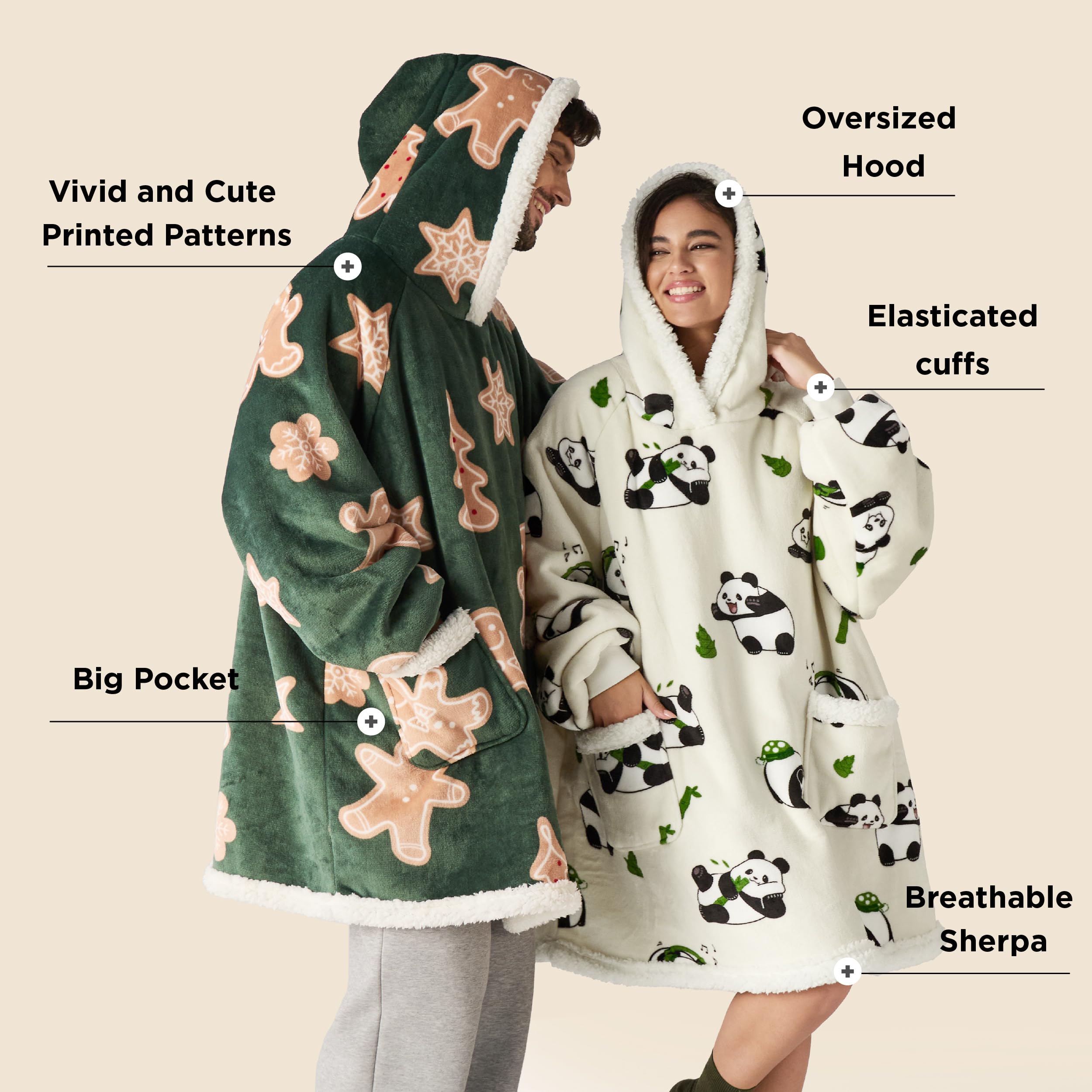 Bedsure Wearable Blanket Hoodie, Sherpa Hooded Blanket Printed for Adult & Kids as Gifts for Women, Mom Gifts Sherpa Hoodie, Standard, Gingerbread, Olive Green