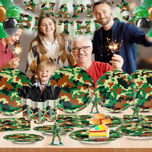 206pcs Camo Party Decorations Paper Plates Napkins Camouflage Tableware Set Disposable Cups Forks Knives Spoons with Camo Tablecloth Banner for Boy Camouflage Hunting Military Birthday Party Supplies