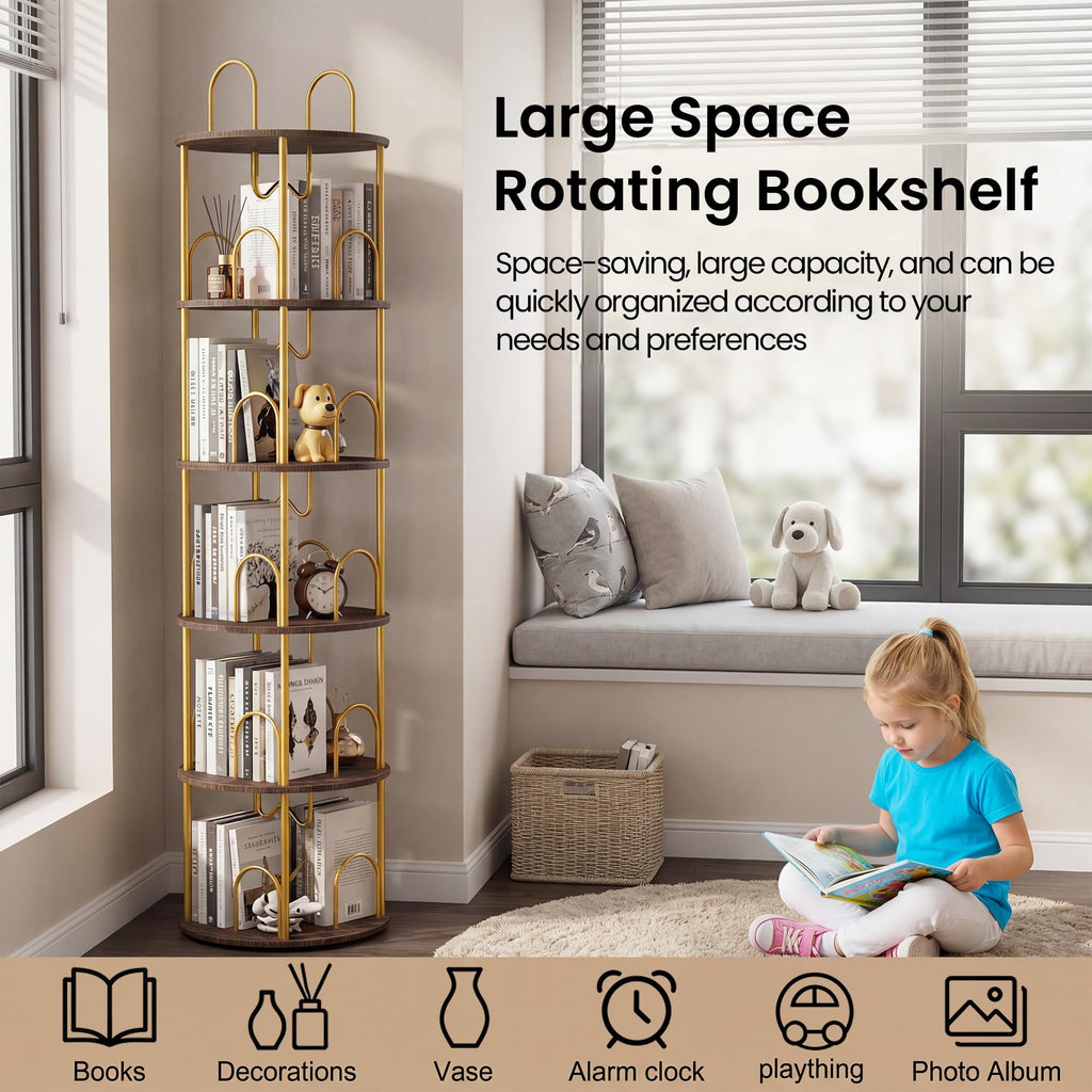 Merkisa 5 Tier Rotating Bookshelf, 360° Spinning Bookshelf Tower, Narrow Corner Book Shelf, Revolving Bookcase Corner Tall Book Shelf for Small Spaces, Bedroom, Living Room, Gold