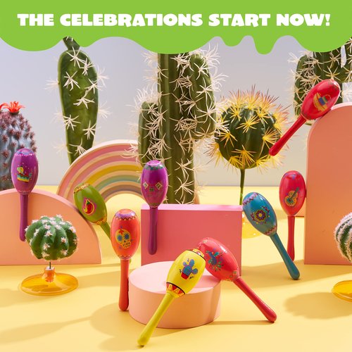 JOYIN 9 Pcs Fiesta Wooden Maracas 9 Designs Noisemaker for Cinco De Mayo Party Favors, Mexican Musical Fun, Carnivals, Taco Tuesday Event, Mexican Decorations, Luau Party