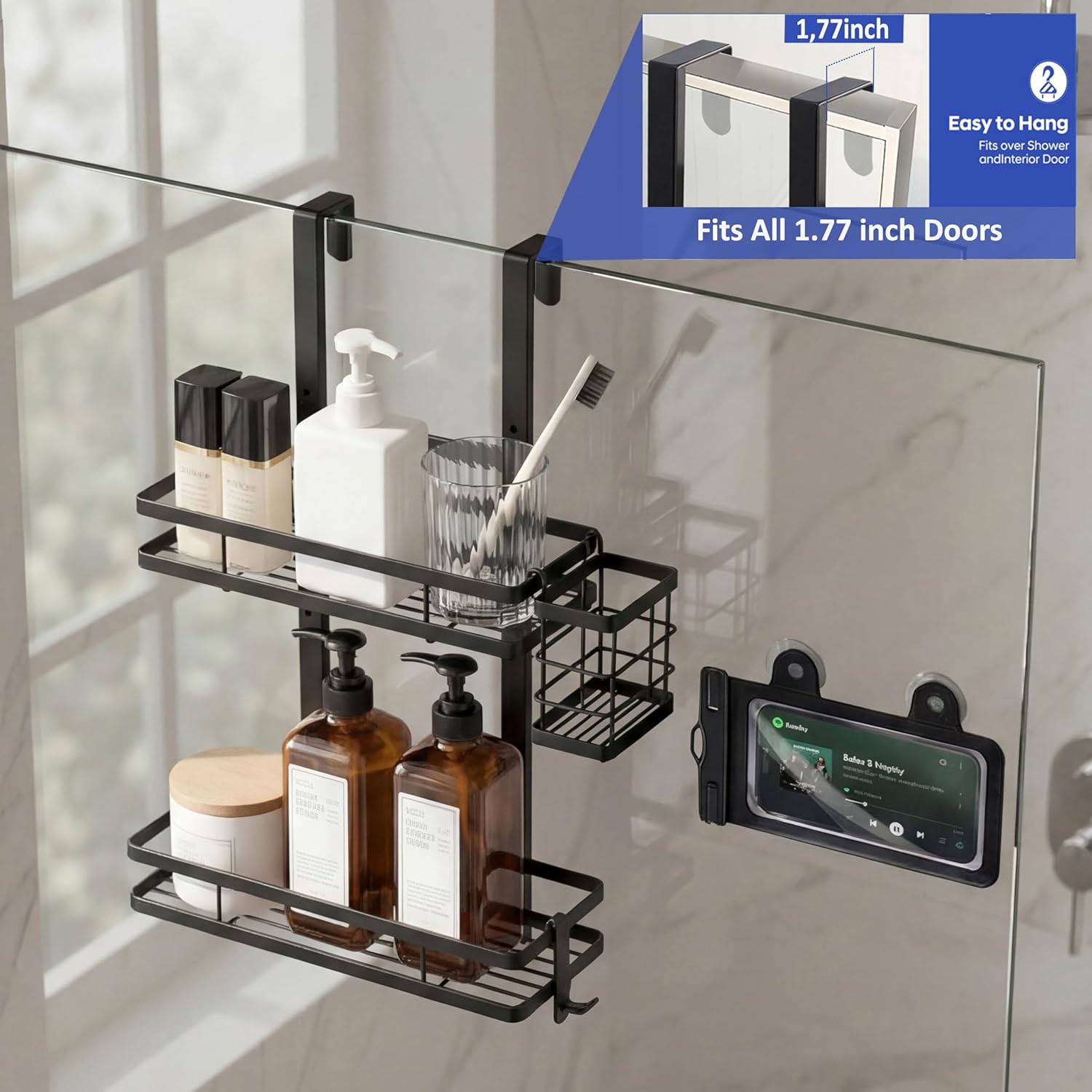 Skiennix Over The Door Shower Caddy - Rustproof 2-Tier Bathroom Organizer with Waterproof Phone Pouch - Black
