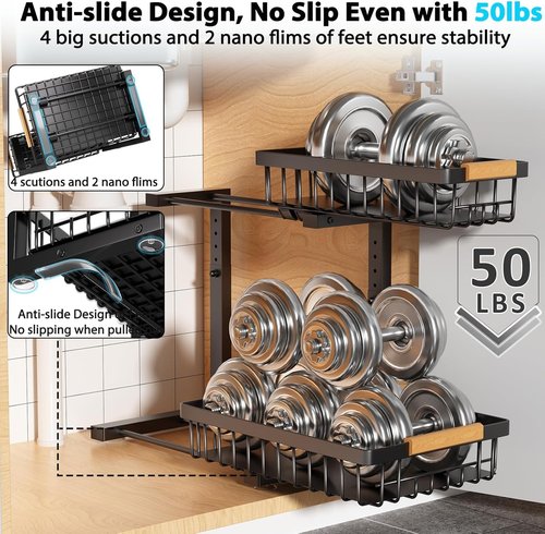 Liuoud Under Sink Organizer - 2 Pack Adjustable 2-Tier Storage Solution for Kitchen & Bathroom - Black