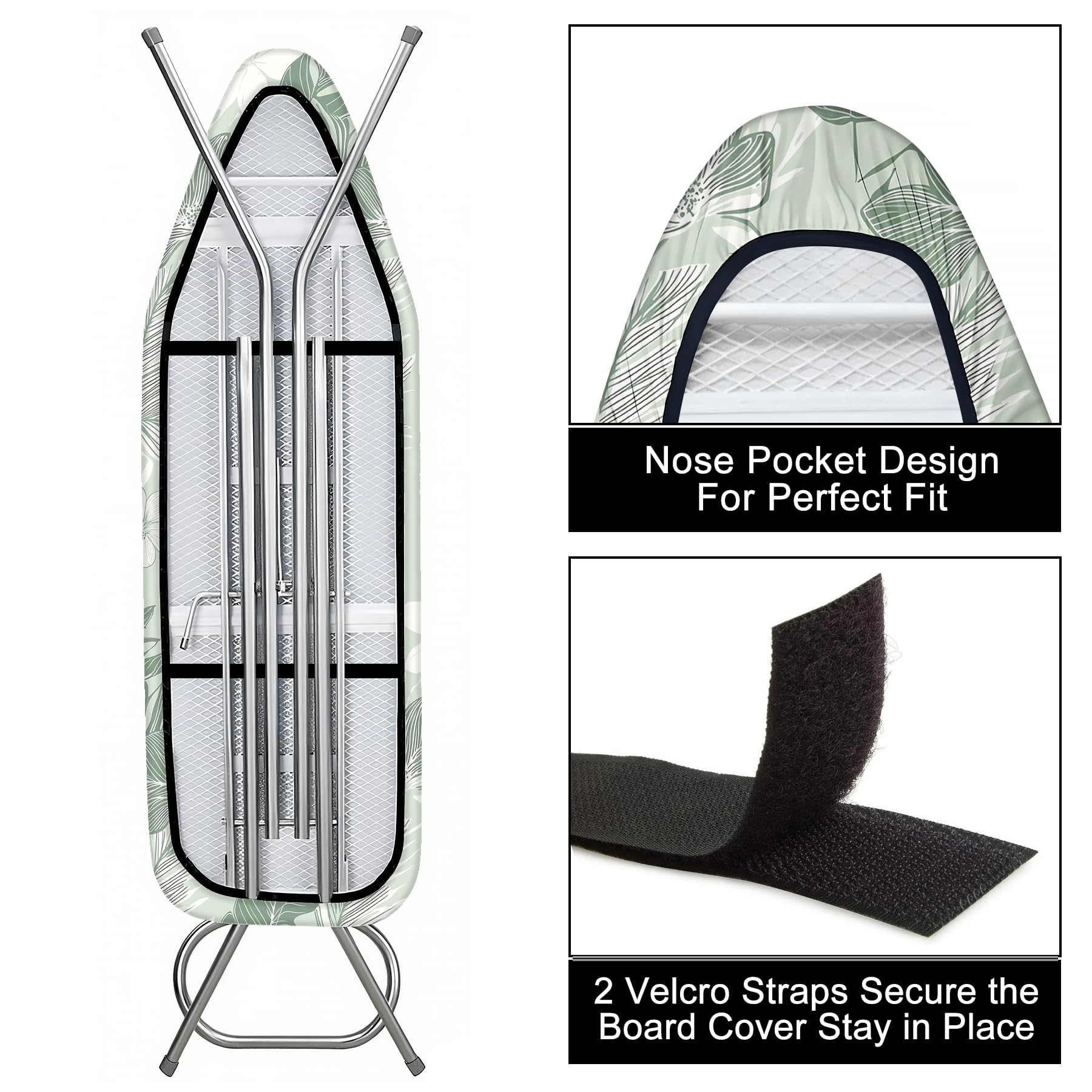 seewan Quick Install Ironing Board Cover 17" x 55" Ironing Board Cover with Nose Strap Pocket and Elastic Sides Anti-Slip and Heat-Resistant Stylish Home Ironing Board