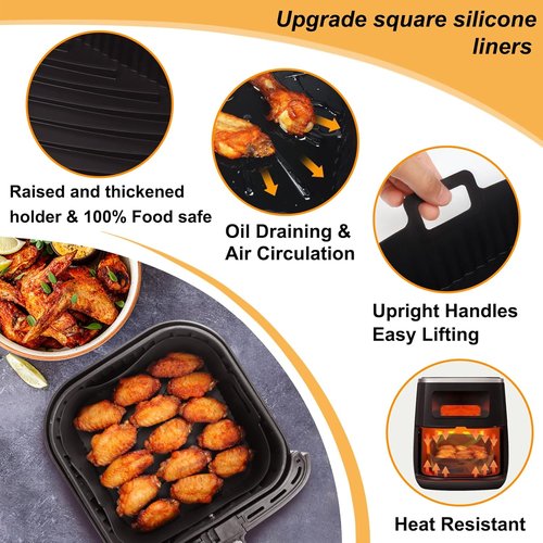 BYKITCHEN 9-Inch Square Silicone Air Fryer Liners - Set of 2, Reusable Tray Inserts for 6 to 8QT Air Fryers