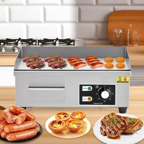 Stainless Steel Electric Griddle, 18 in Commercial Flat Top Grill, 1600W Non-Stick Teppanyaki Griddle with 2 Shovels & 2 Brushes, 122-572°F Adjustable Temperature for Kitchen, BBQ