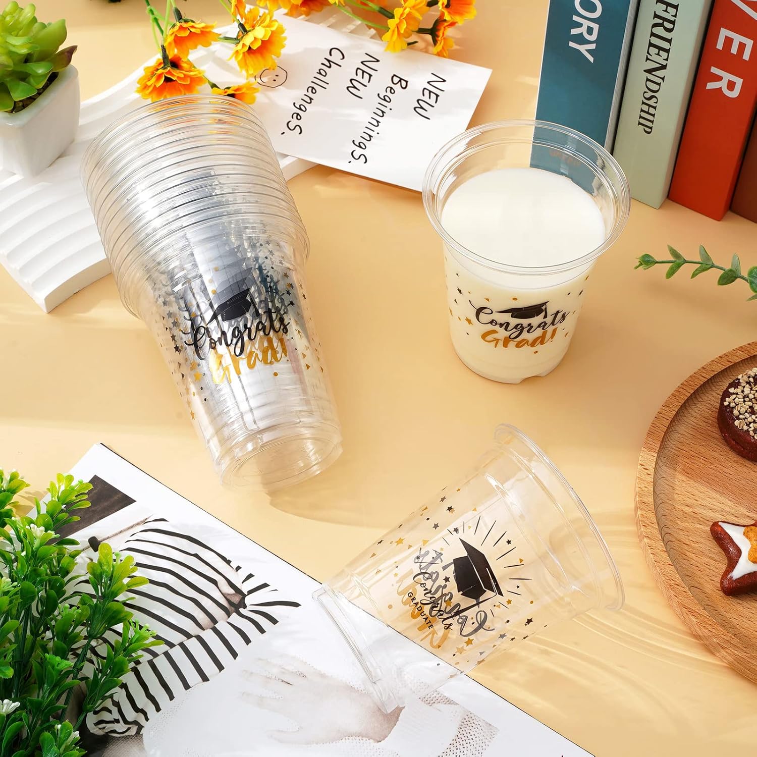 Whaline Graduation Cups - 12oz Black & Gold Disposable Party Cups | 50-Pack for Class of 2025 Celebrations