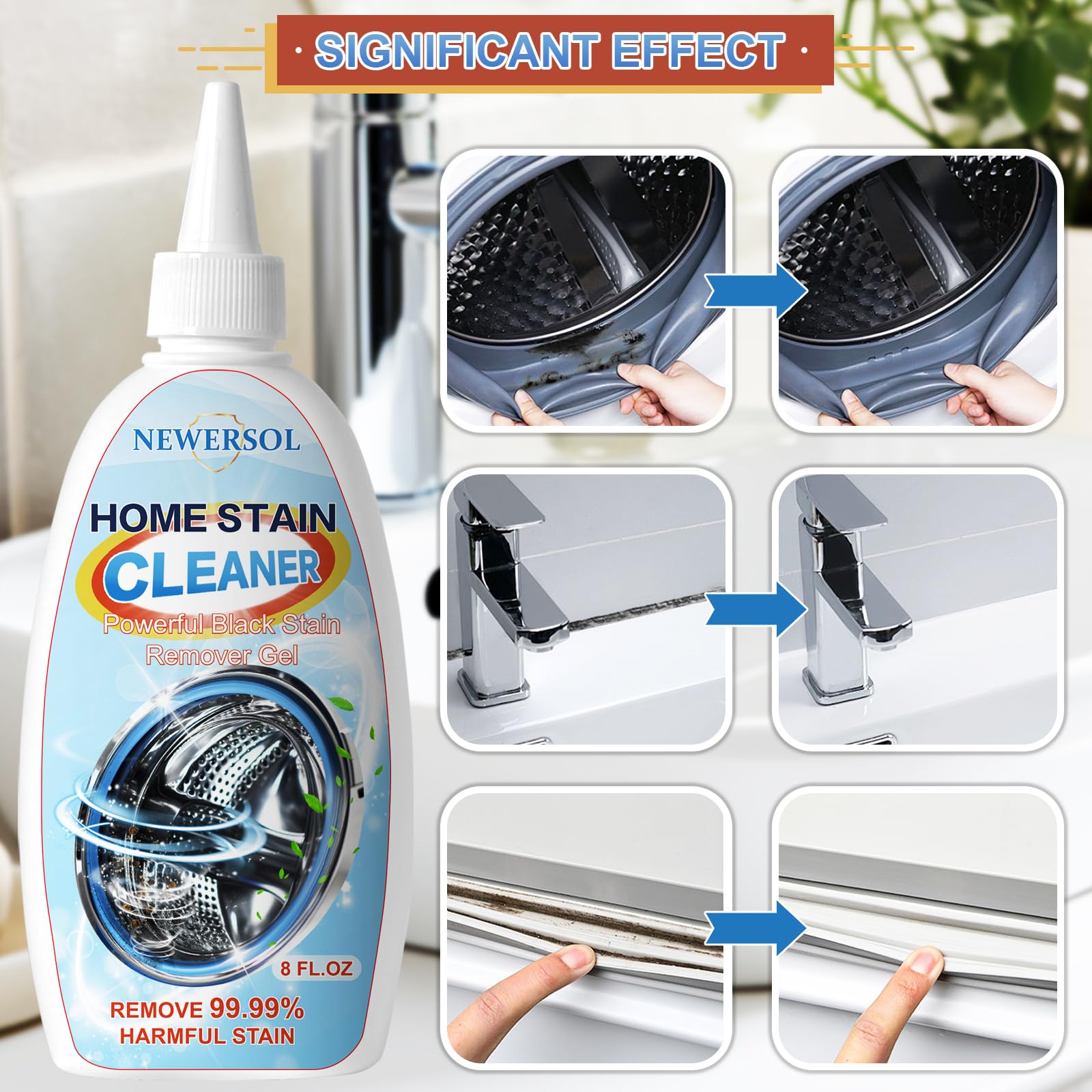 NEWERSOL Black Stain Remover Gel Washing Machine Cleaner Front Loader Grout Cleaner Home Stain Removal Gel for Washer Kitchen Sink Showers Bathroom and Floor Tile 8Fl Oz