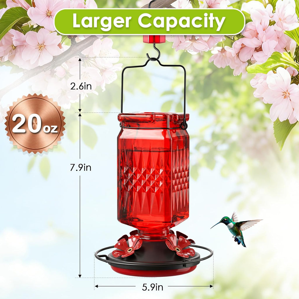 Skiennix 20oz Glass Hummingbird Feeder - Outdoor Hanging Design with Bee Guard & Ant Moat, Red (2 Pack)
