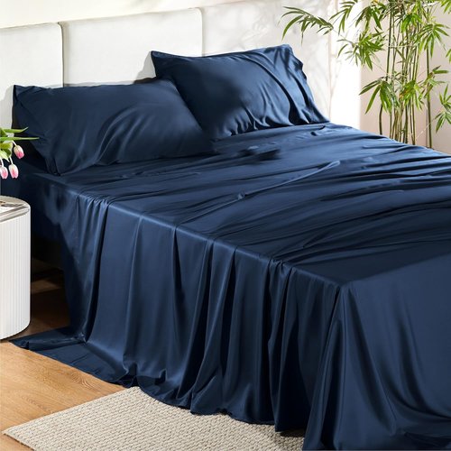 Bedsure Cooling California King Sheet Set - Breathable Rayon from Bamboo, Soft & Luxurious, Deep Pocket Up to 16 Inches, Navy