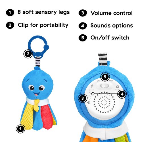 Baby Einstein Take Along Opus Octopus Soother - Portable Musical Toy with Stroller Clip & 20 Melodies for Newborns