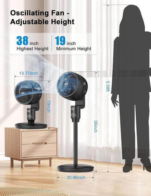 JRD Fan for Bedroom, 70° Oscillating Standing Fans, Quiet Floor Fan, 100ft Pedestal Fans for Room, 6 Speeds, 3 modes,90° Manual Vertical, 19-38" Adjustable Height,24H Timer,Remote Control