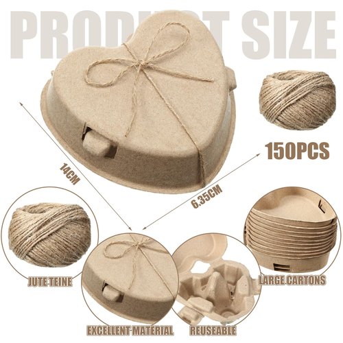 FoldTier 150 Pcs Easter Heart Shaped Eggs Cartons 3 Count Natural Paper Pulp Valentine Egg Cartons with Jute Rope Reusable Cardboard Storage Baskets Holder Tray for Kitchen Holiday Gifts Market Farm