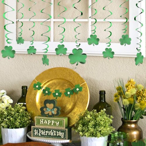 St Patricks Day Shamrock Hanging Swirls Ceiling Decorations 18pcs Glitter Green Spring Lucky Clover Foil Ornaments Garland for Tree Irish Holiday Wall Window Garden Wedding Party Home Decor