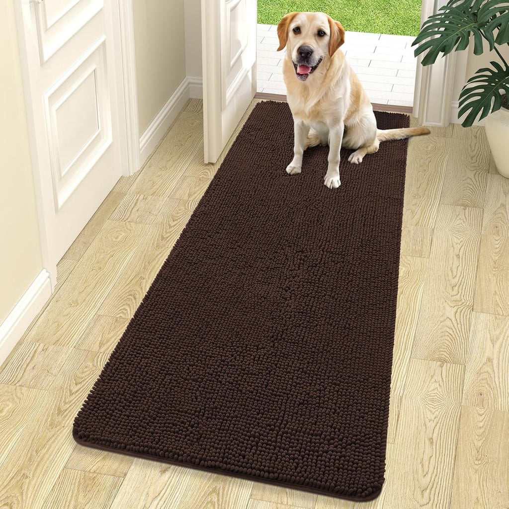 OLANLY Dog Door Mat - Absorbent Non-Slip Chenille Mat for Muddy Paws | 70x24 Inches, Brown