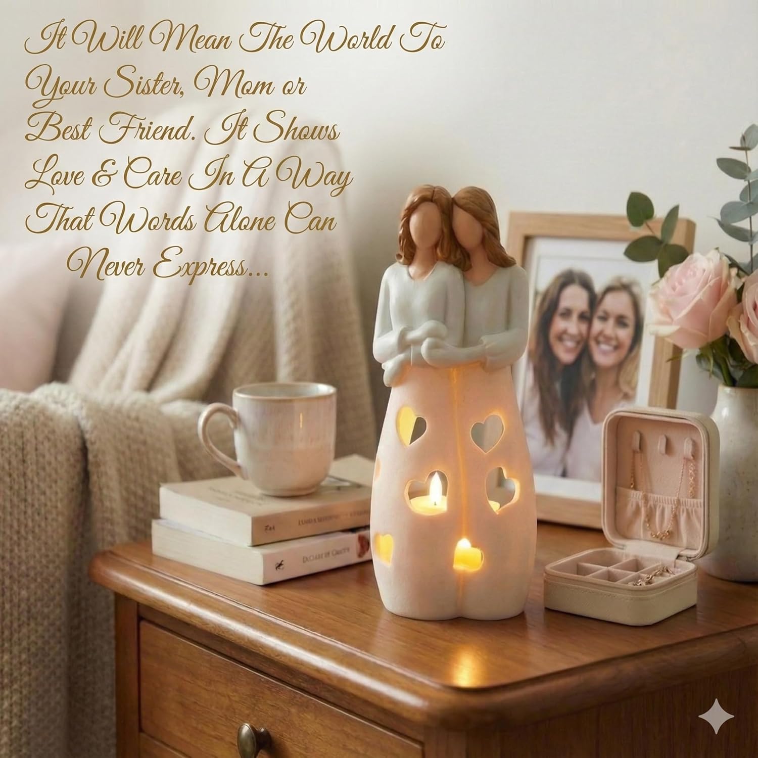 Sisters for Mom - Candle Holder Statue with Flickering LED Light | Unique Gift for Mother's Day, Friendship, BFF