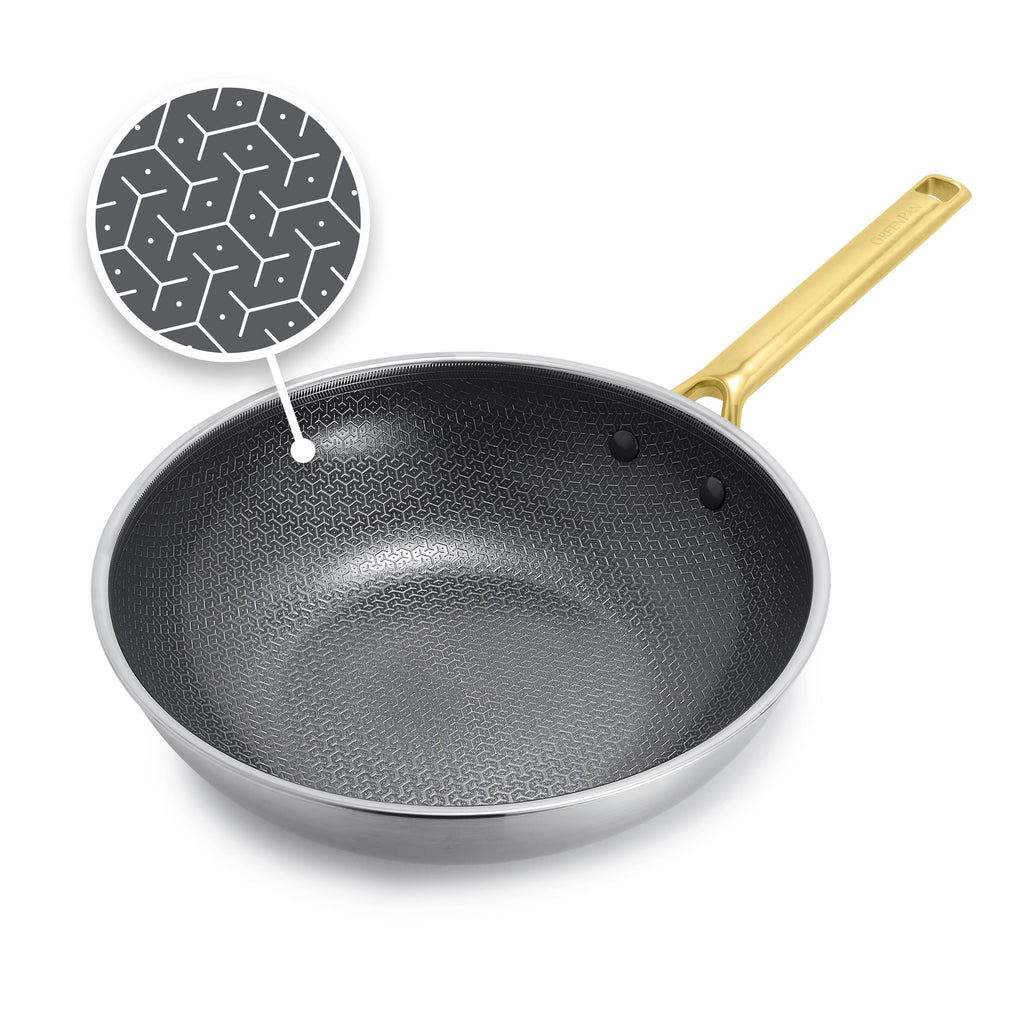 GreenPan Hybrid 11” Nonstick Stainless Steel Wok Pan, APEX Tri-Ply Thermobond PFAS-Free Ceramic Skillet, Induction & All Cooktop Compatible, Oven Temp to 850°F, Dishwasher Safe, Gold