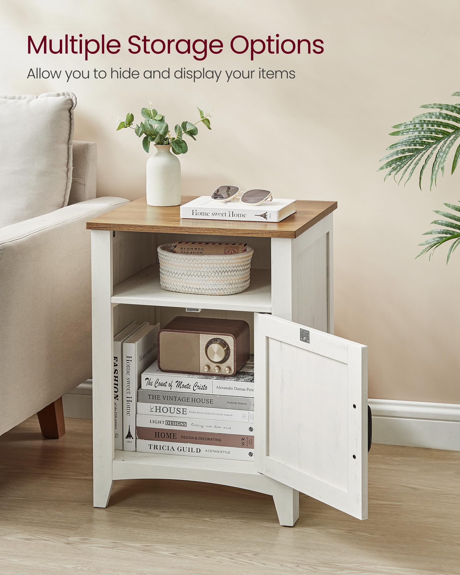 VASAGLE LIRY Collection - Farmhouse Nightstand with Barn Door, Bedside Table with Storage, Side End Table, Night Stand, Open Compartment, for Bedroom, Rustic White and Honey Brown ULET609K41