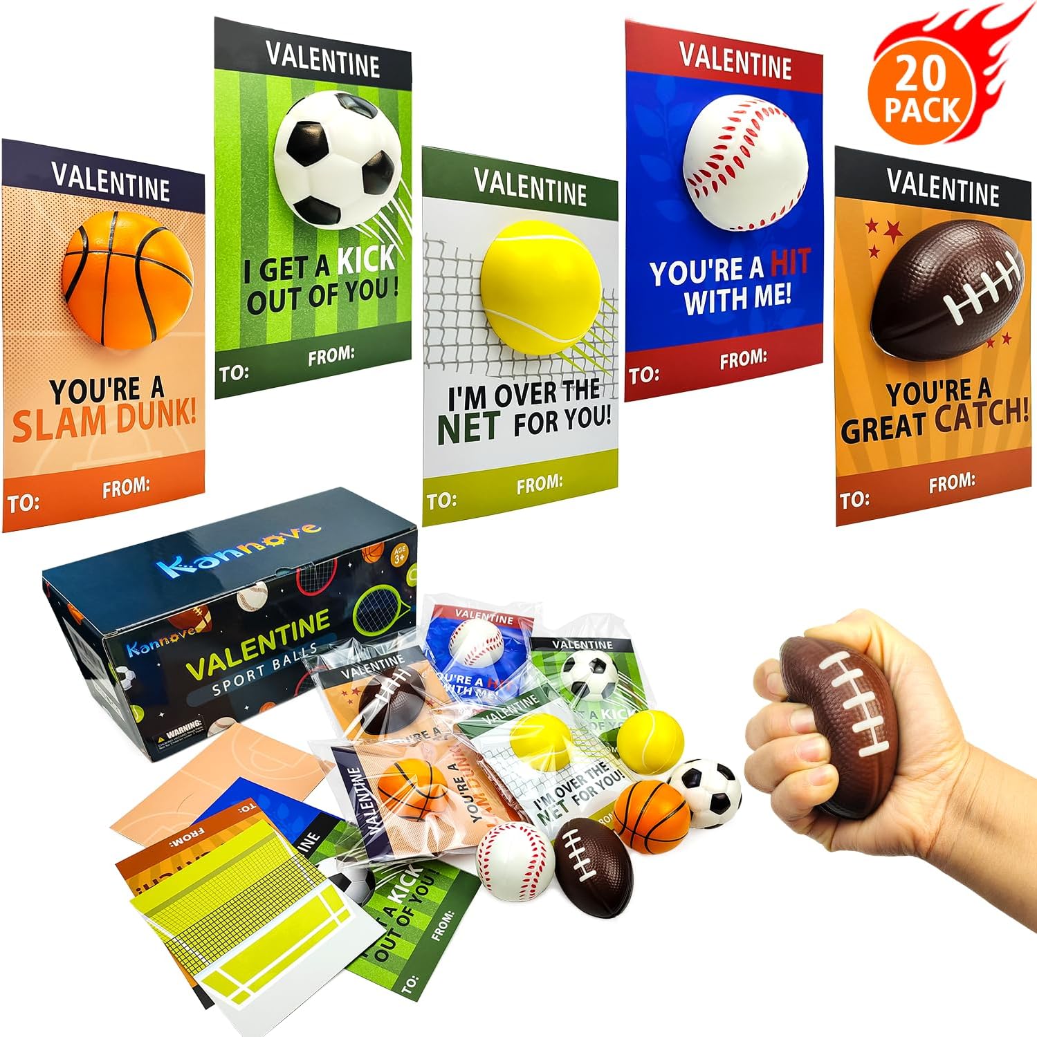 Valentine's Day Sports Gifts | 20-Pack Foam Sport Ball Toys with Exchange Cards for Kids