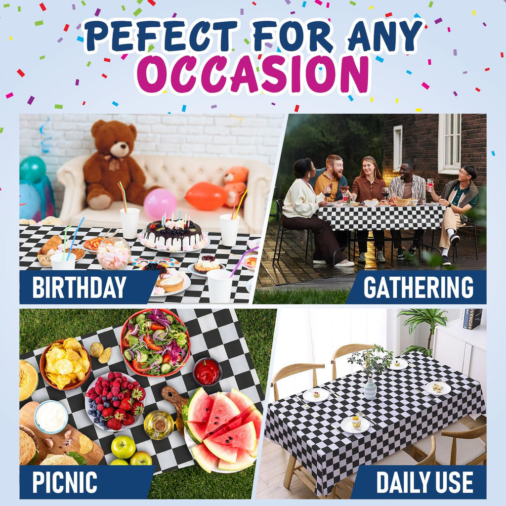 Clearly White and Black Checkered Plastic Tablecloth Roll with Cutter, 423 Sq.Ft (52"x1181") Extra Large Disposable Plastic Table Cloth for Parties, Events and Outdoor Gatherings
