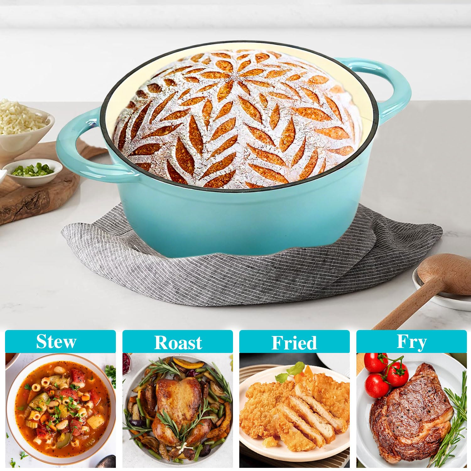 4.5 QT Enameled Cast Iron Dutch Oven with Lid, Heavy-Duty Round Cookware Pot with Dual Handles for Sourdough Bread Baking, Braising, Soups and Stews, Used for All Stoves