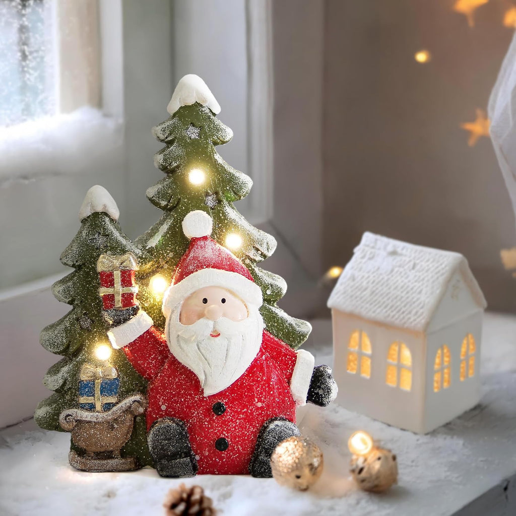 Santa Claus Statues - Christmas Decorations for Indoor Holiday Decor | Light-Up Tree Figurines for Table & Mantle