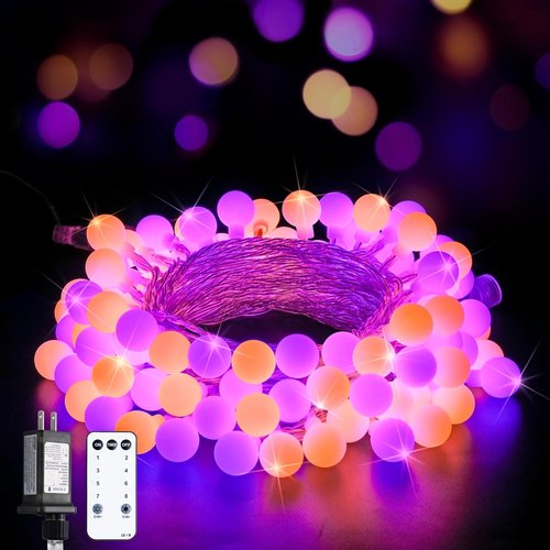 JMEXSUSS 100 LED Globe String Lights - 33ft Indoor/Outdoor Fairy Lights with Remote | 8 Modes in Orange & Purple