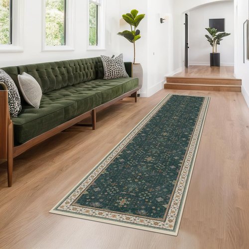 Hazo Haus Vintage Dark Green Hallway Runner Rug - Modern Boho Floral Design, Washable & Non-Slip, 2x10 ft