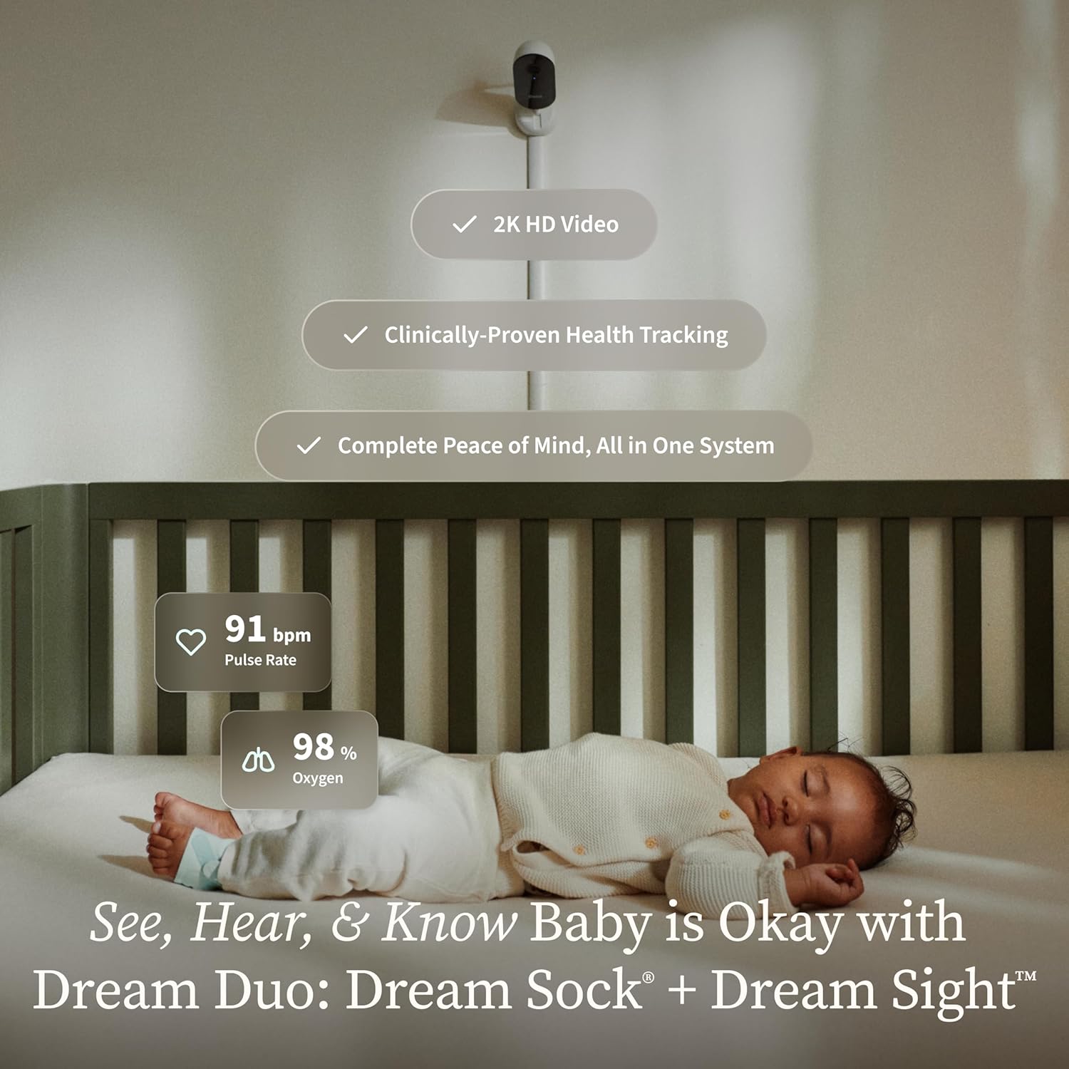 Owlet Dream Duo (Gen 3) Smart Baby Monitor Bundle - 2K HD Video & Dream Sock for Oxygen, Heart Rate & Sleep Tracking | App Health Insights