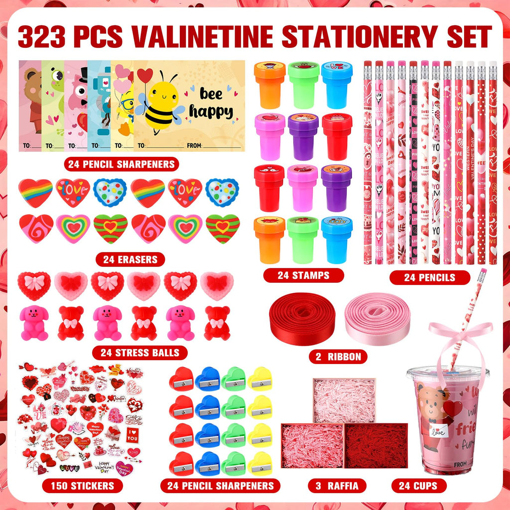 Vesici 323 Pcs Valentine's Day Gifts Bulk Valentines Party Favor Exchange Gift Galentines Supplies with Cup Cards Sticker Pencil Eraser Stamp