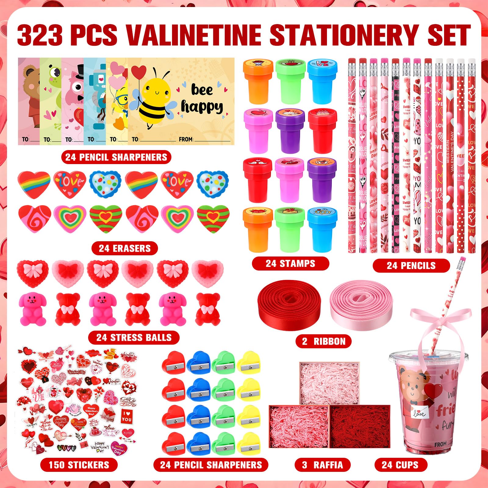 Vesici 323 Pcs Valentine's Day Gifts Bulk Valentines Party Favor Exchange Gift Galentines Supplies with Cup Cards Sticker Pencil Eraser Stamp