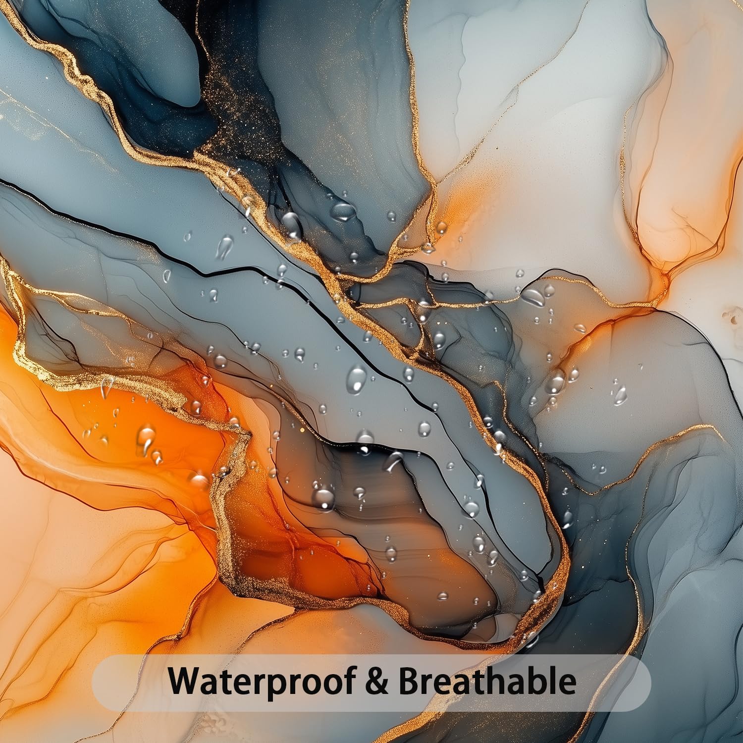 Moonslim Black Gold Marble Shower Curtains, Orange Grey Abstract Marble Shower Curtain, Modern Fabric Bath Curtain for Bathroom Decor Waterproof Cloth with Hooks 72X72 Inch