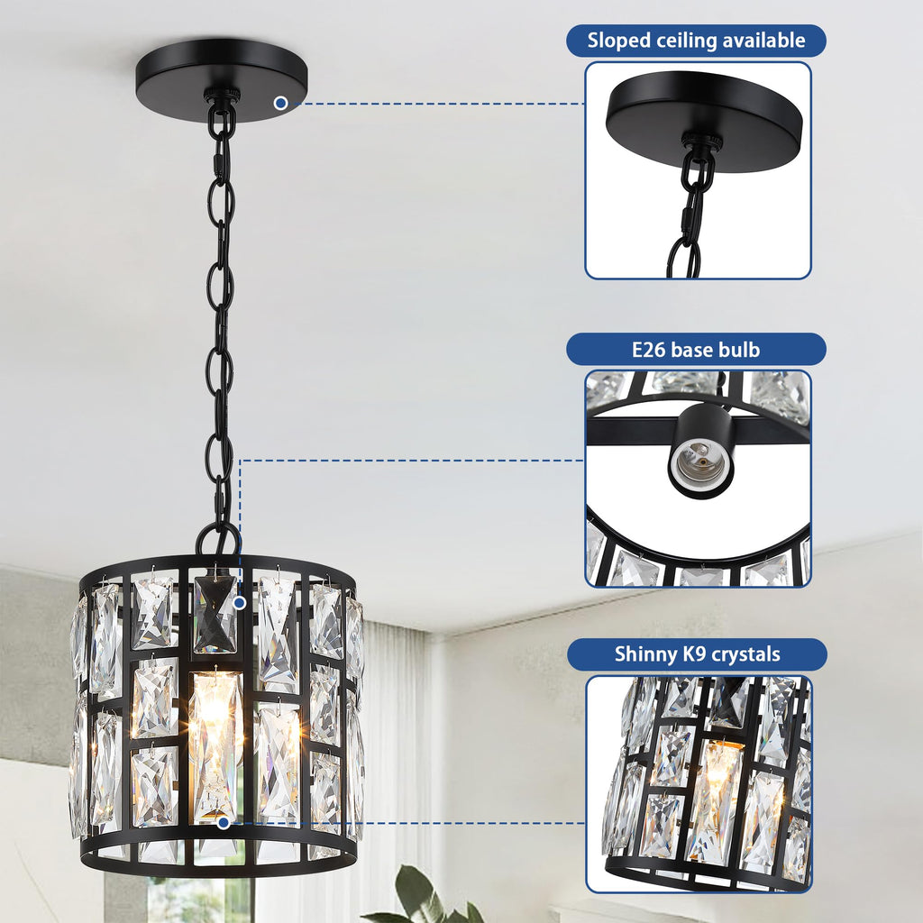 MEXO Modern Crystal Pendant Light,Black Chandelier Light Fixture, Cylinder Adjustable Height Pendant Lights for Kitchen,Dining Room,Living Room,Foyer,Hallway