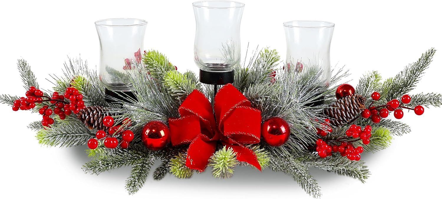 Regine Switzerland Red Christmas Table Centerpiece - Cedar Decoration with 3 Candlestick Glass Cups & Red Berries
