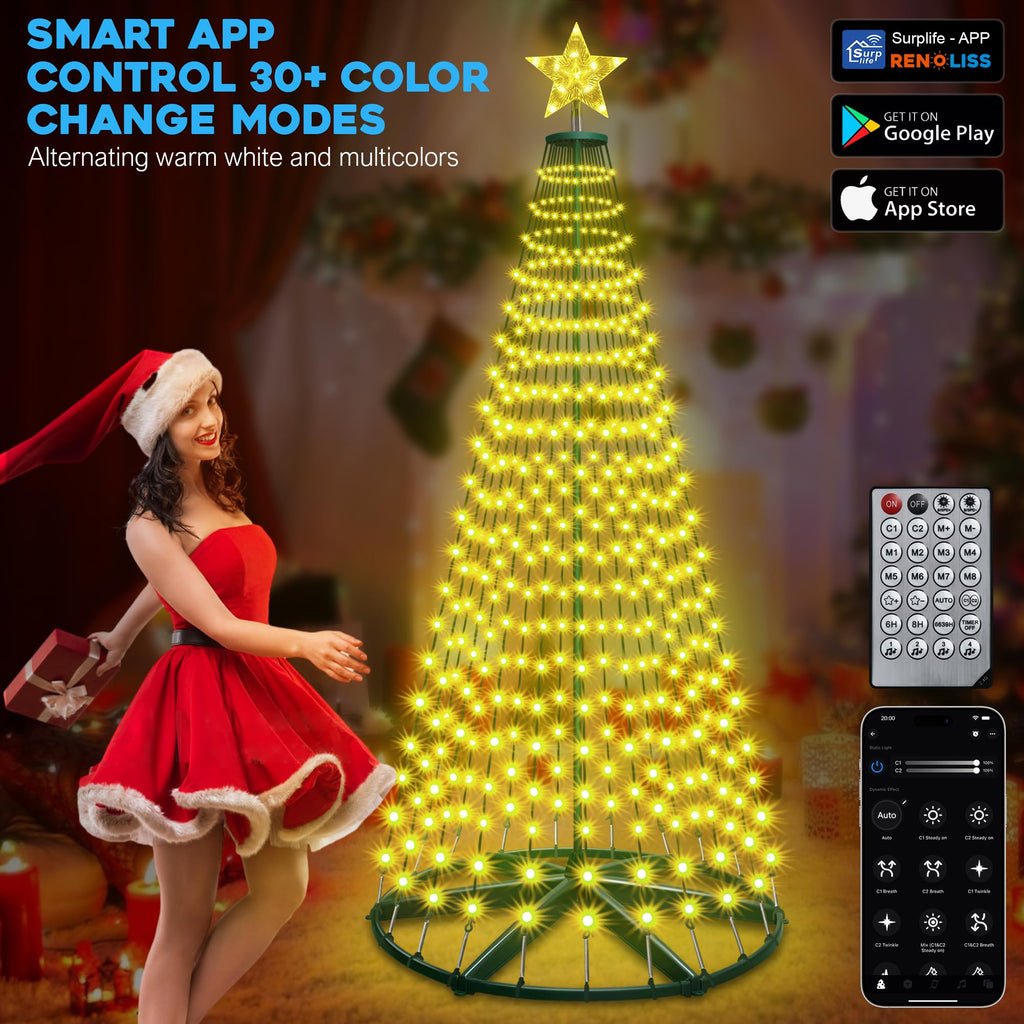30+ Modes Smart Prelit Christmas Cone Tree with Lights - 6ft 296 LED App Control Color Changing Light Show Trees with Remote Timer Music Sync for Indoor Outdoor Yard (Green Body)