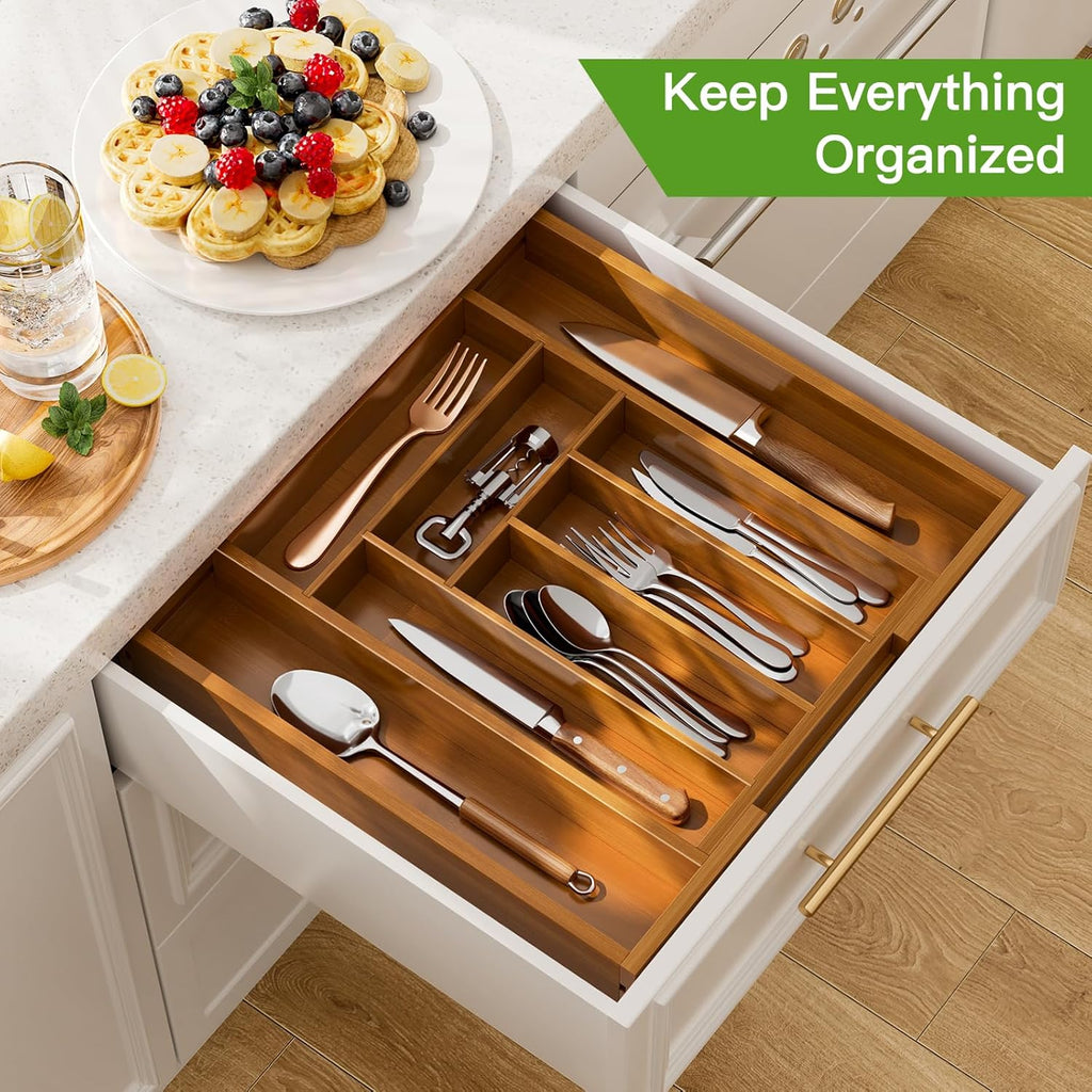 Pipishell Bamboo Expandable Drawer Organizer - Adjustable Utensil Holder & Cutlery Tray | M-Brown