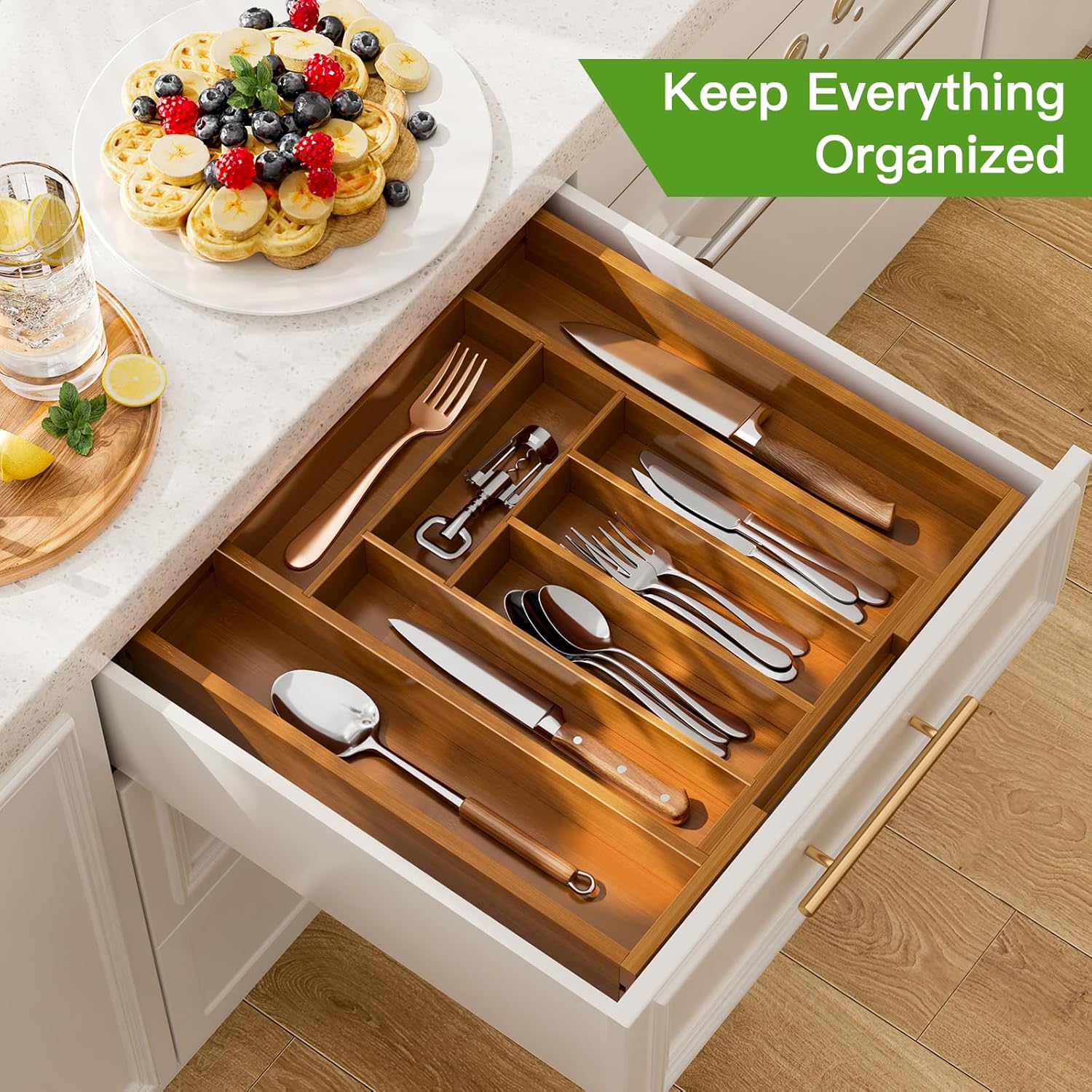 Pipishell Bamboo Expandable Drawer Organizer - Adjustable Utensil Holder & Cutlery Tray | M-Brown