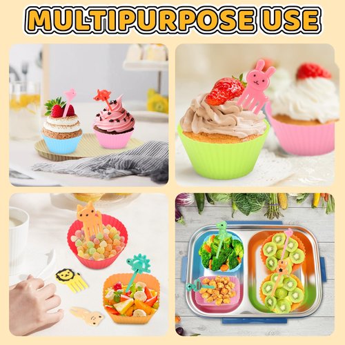 Axlksia 80 Pcs Silicone Lunch Box Dividers Set, Reusable Cupcake Liners for Baking, Colorful Lunch Bento Box Accessories with Cute Animal Food Picks (20 Cupcake Liners + 60 Animal Picks)