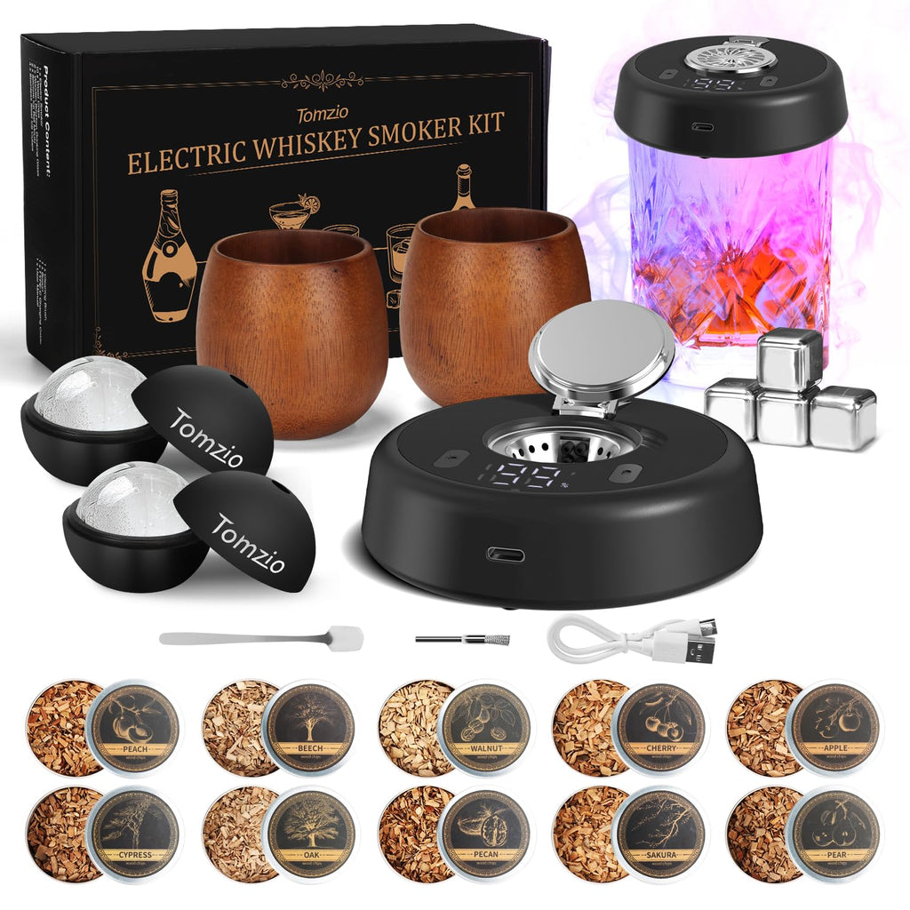 Electric Whiskey Smoker Kit, Torch-Free Rechargeable Cocktail Smoker with 7 Color Lights, All-in-1 Gift Set with 2 Wooden Whiskey Glasses, 10 Wood Chips, Ice Molds & Steel Cubes for Men, Dad